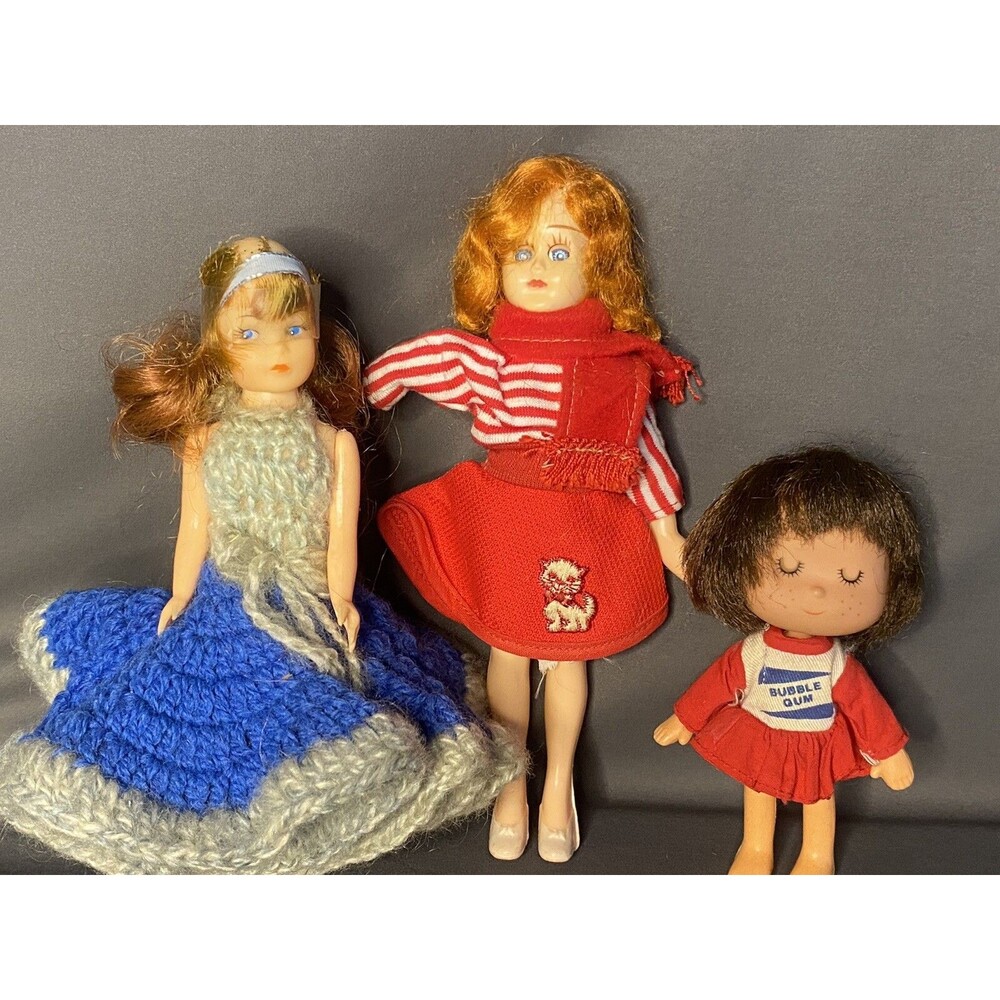 Vintage Collectible Doll Lot of 3 Hard Plastic Vinyl Handmade Clothes 1960s 70s